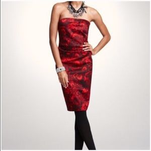 Ann Taylor: Red & Black Rose Print Strapless Dress